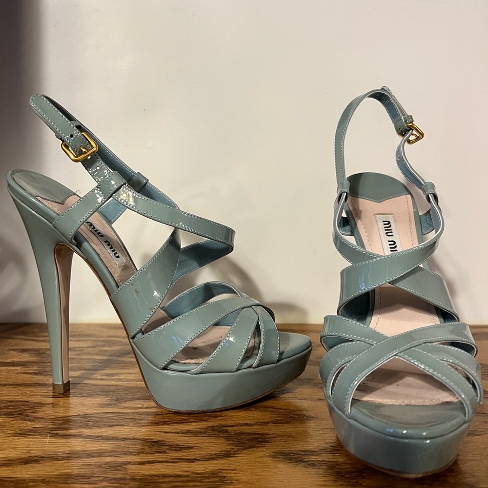Miu Miu Strappy Mint Patent Leather Open Toe Sandal Heels